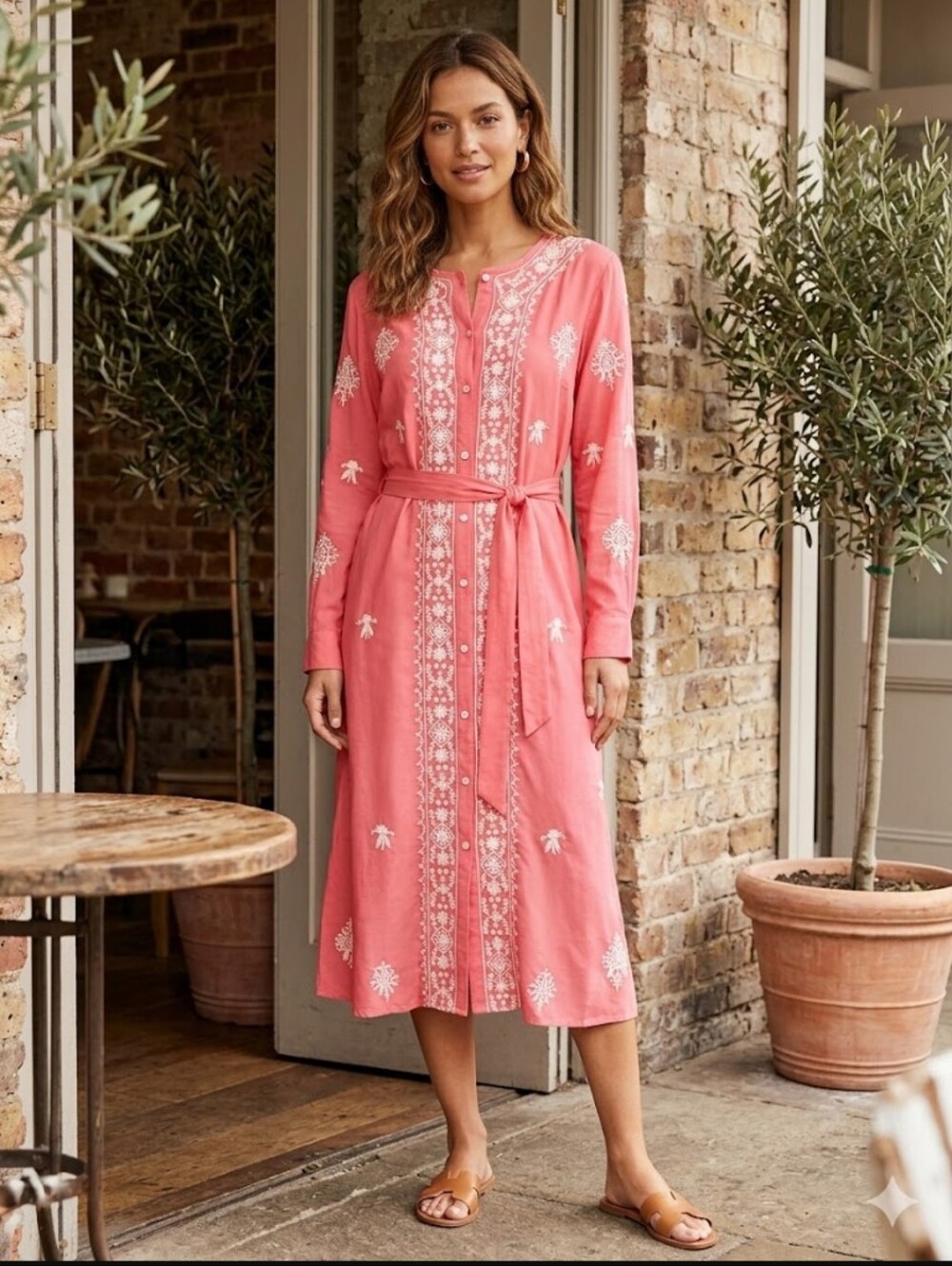 Melissa Odabash Pink Embroidered Midi Dress Medium Button Front Tie Waist NWOT